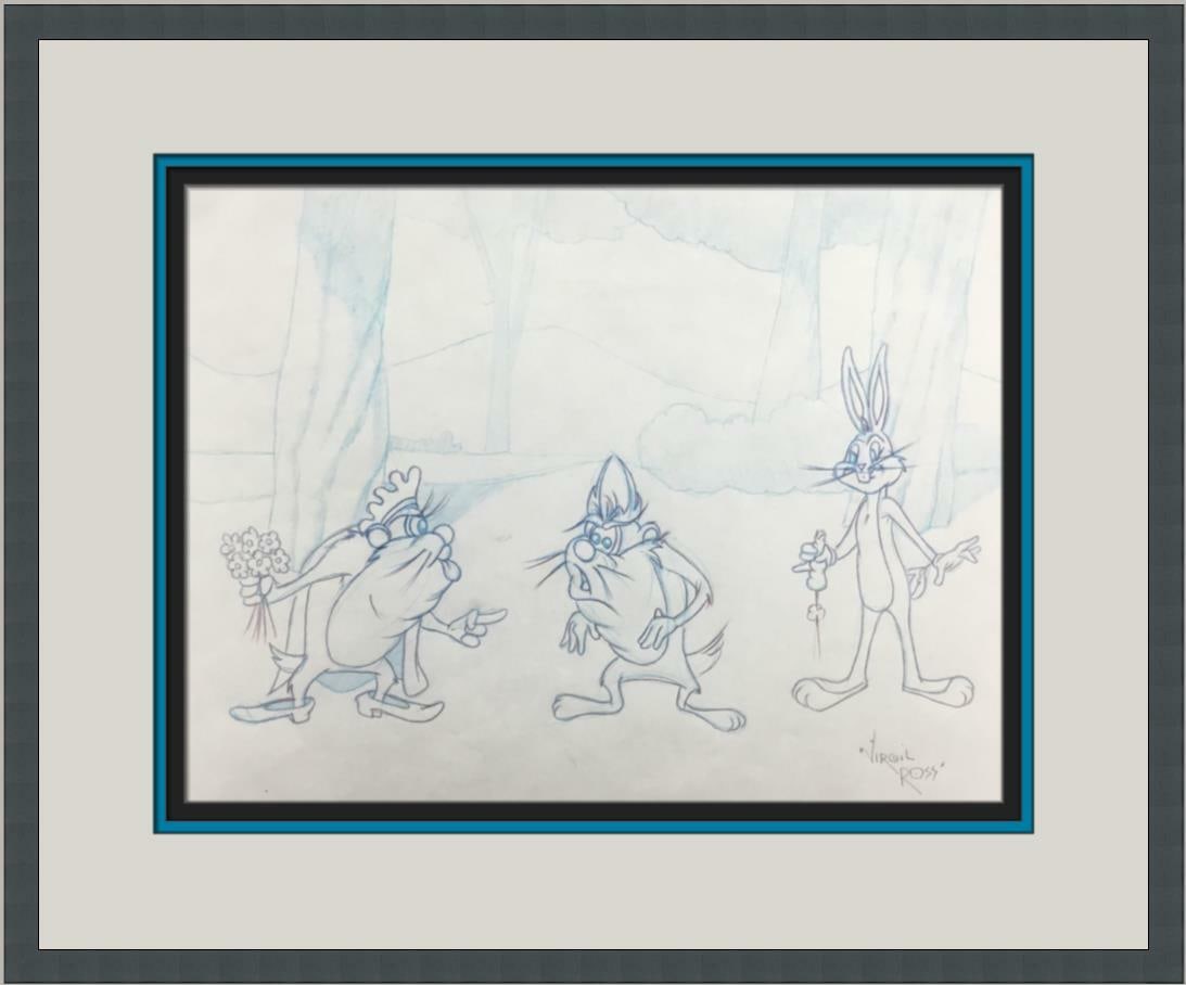 Signed Bugs Bunny Taz She Devil Concept Drawing by Virgil Ross: Signed Bugs Bunny Taz She Devil Concept Drawing by Virgil Ross This original concept production drawing features iconic characters Bugs Bunny, Tazmanian Devil, and She Devil, created by legendary anim