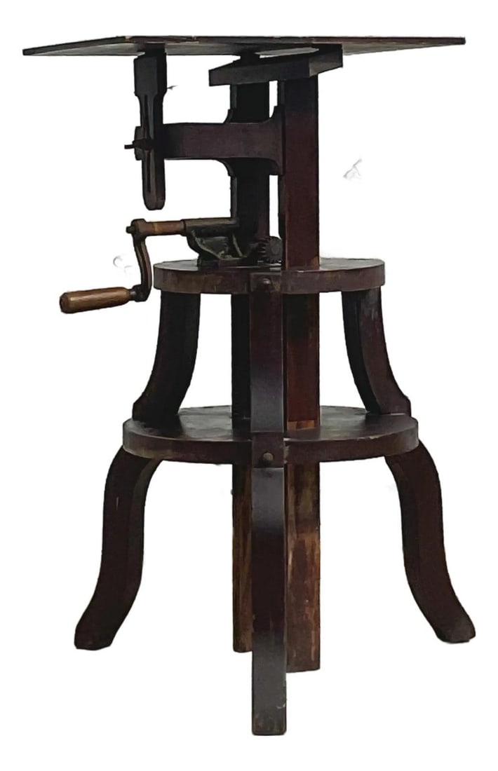 Adjustable Industrial Wood Sculptor Stand With Iron Crank And Tripod Base: Adjustable Industrial Wood Sculptor Stand With Iron Crank And Tripod Base This vintage sculptor's stand features a robust wooden tripod base with a heavy-duty manual crank mechanism, allowing the heig