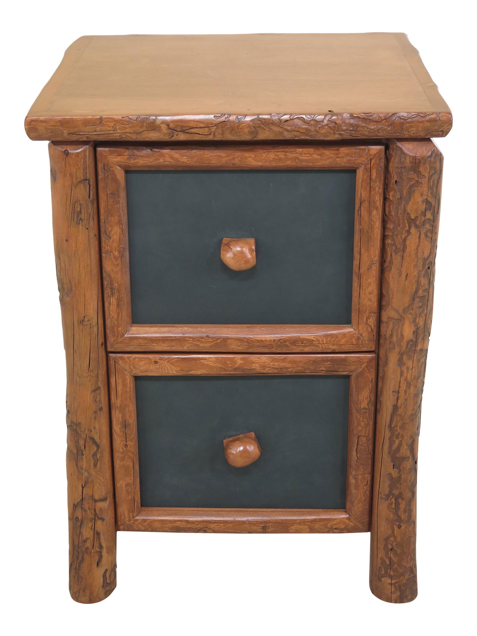 Unique Adirondack Style Oversized Nightstand with Leather Drawers: Unique Adirondack Style Oversized Nightstand with Leather Drawers This distinctive 1990s Adirondack style oversized nightstand is a perfect blend of rustic charm and functionality. It features two spa