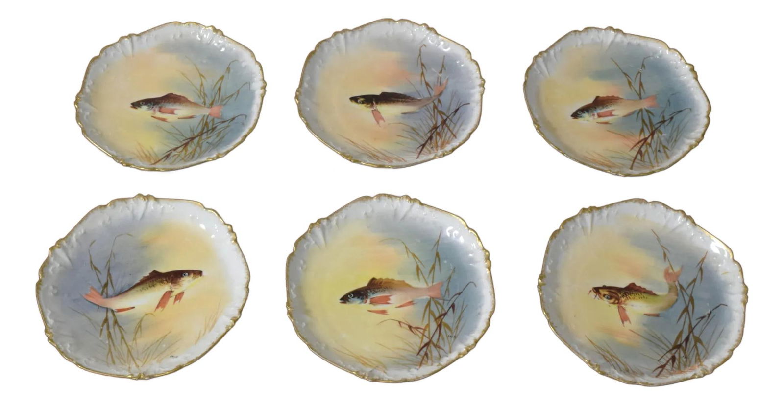 Set of 6 Hand Painted Antique Limoges Fish Plates (1 of 7)