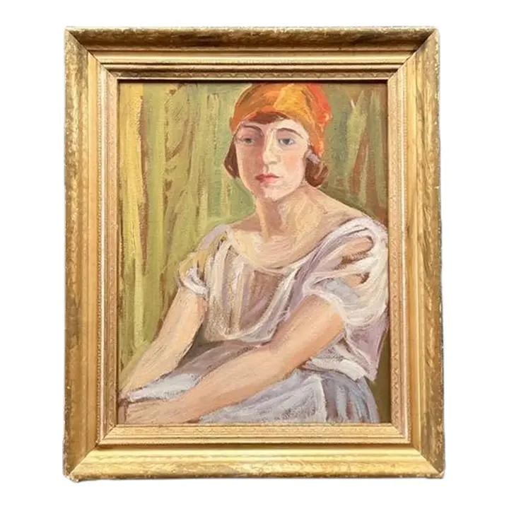 Mid 20th Century Vintage Boho Oil Portrait on Board in Gold Frame: Mid 20th Century Vintage Boho Oil Portrait on Board in Gold Frame Introduce a touch of vintage charm to your home with this captivating original oil portrait on board. This artwork features a young in
