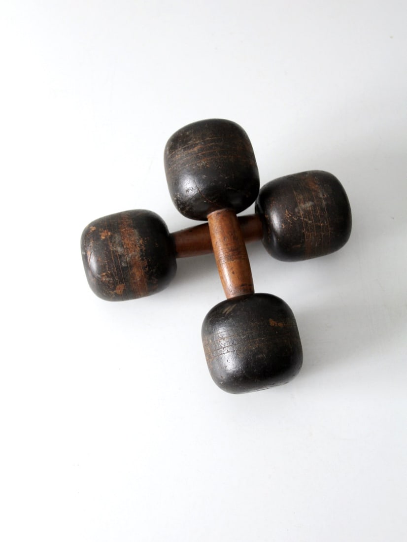 19th Century Antique Wooden Dumbbells Pair Decorative Weights (1 of 14)