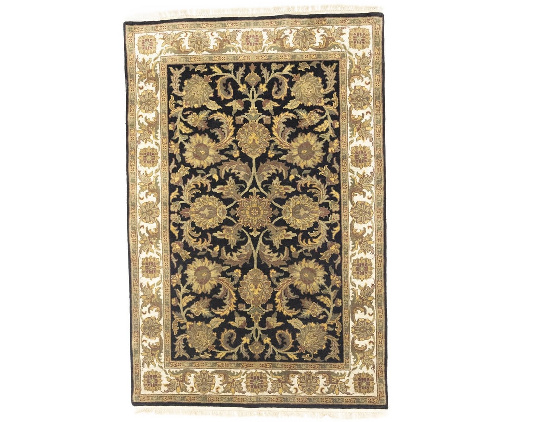 Hand-Knotted Wool Floral Area Rug 4x6 Agra Jaipur Vintage Style: Hand-Knotted Wool Floral Area Rug 4x6 Agra Jaipur Vintage Style This handmade Agra Jaipur area rug features a traditional floral design with a blend of black, cream, beige, golden beige, olive, and br