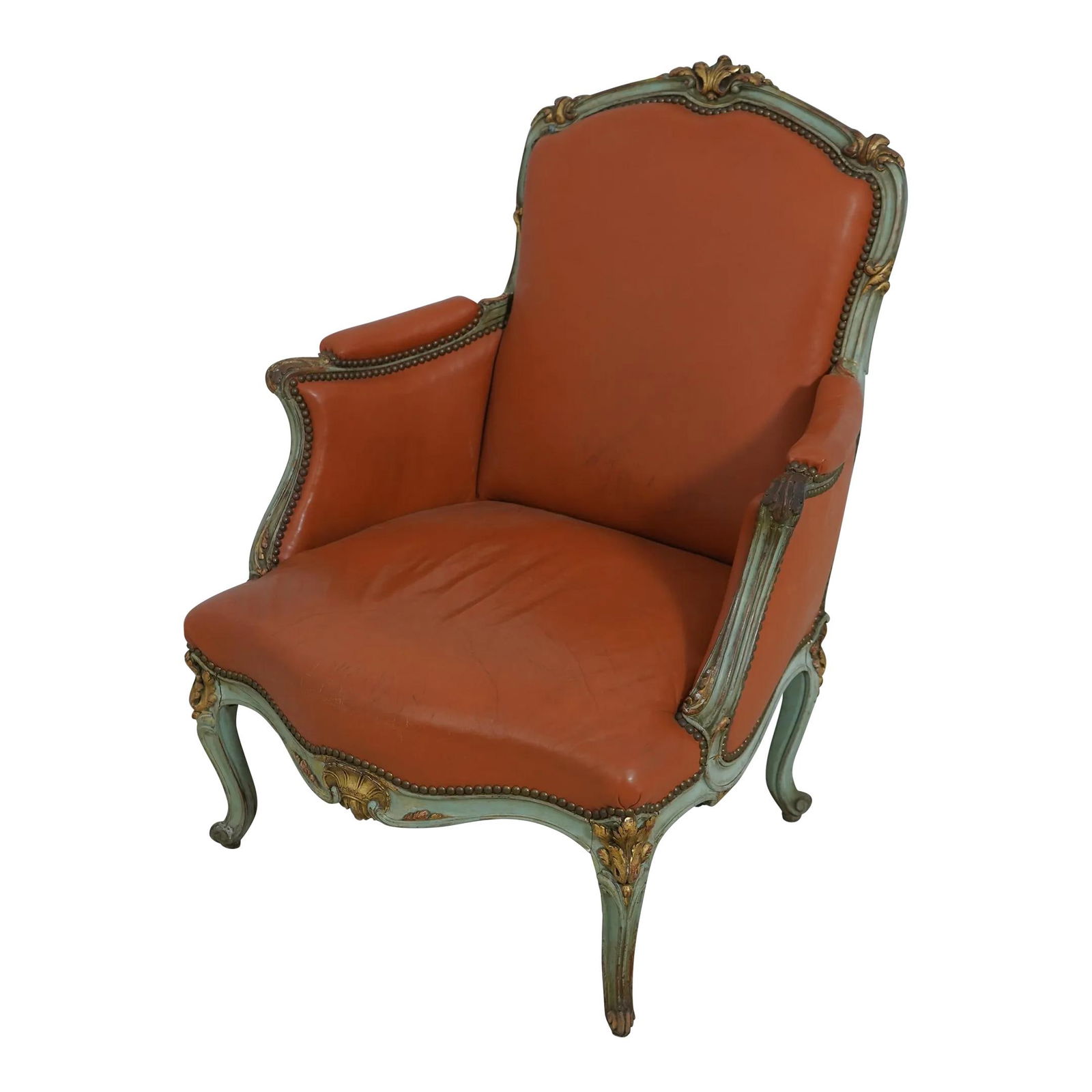 Vintage French Louis XV Chair Green Gold Polychrome Finish 1930s: Vintage French Louis XV Chair Green Gold Polychrome Finish 1930s This exquisite vintage chair, dating back to the 1930s, showcases the elegance of French Louis XV design. It features a stunning polych
