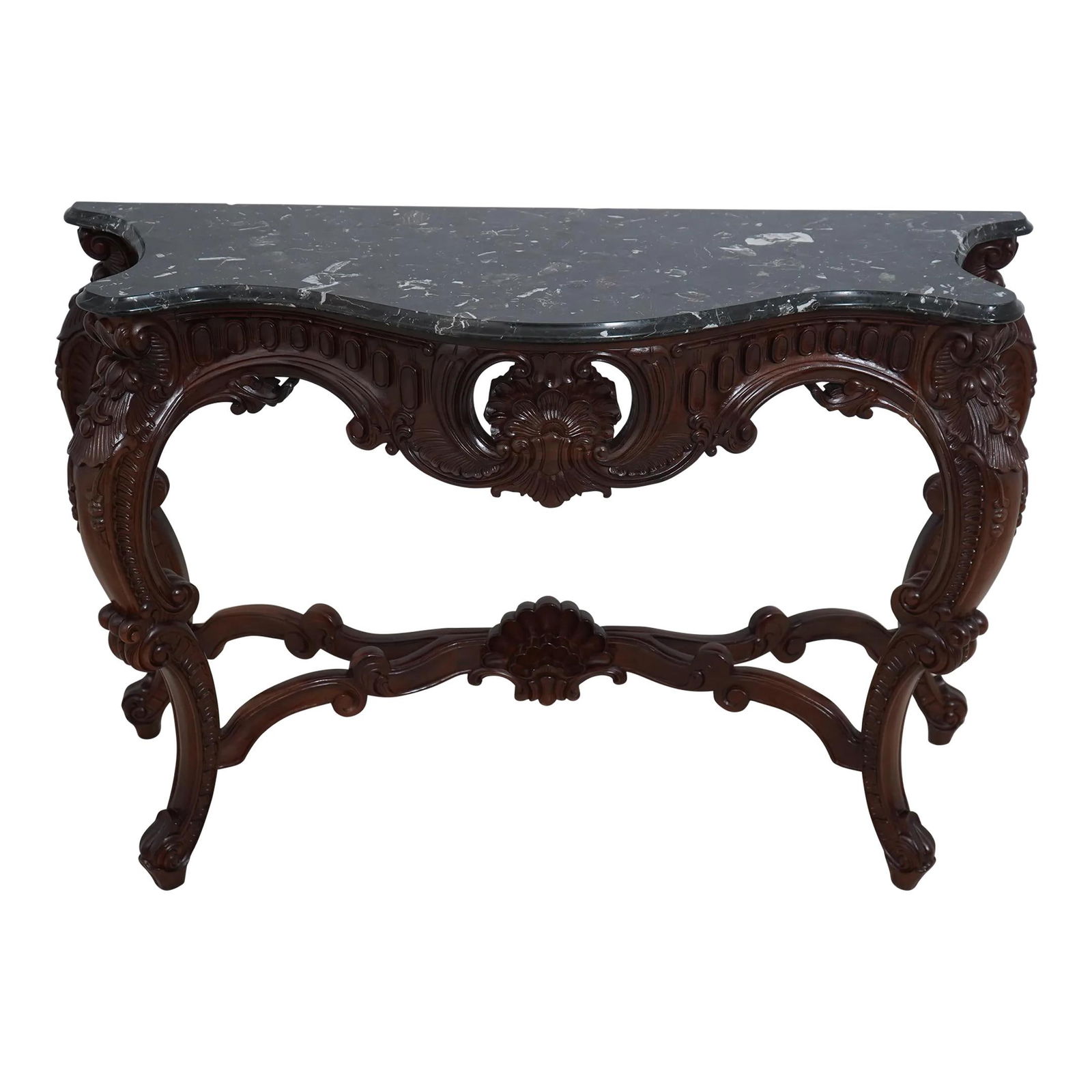 French Louis XV Style Cherry Console with Dark Green Marble Top (1 of 10)