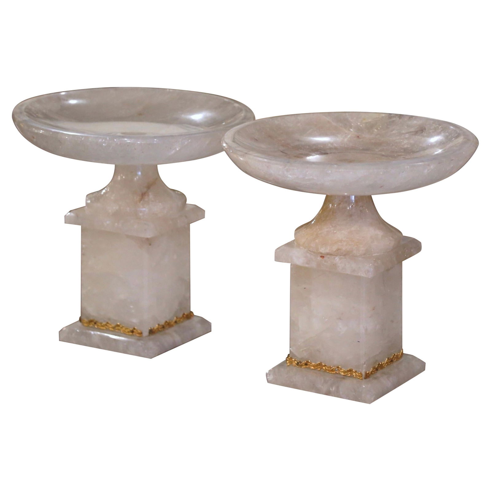 Elegant Brazilian Hand-Carved Rock Crystal Compote Pair with Swivel Bowl: Elegant Brazilian Hand-Carved Rock Crystal Compote Pair with Swivel Bowl This exquisite pair of Brazilian carved rock crystal compotes showcases meticulous craftsmanship and elegant design. Each compo