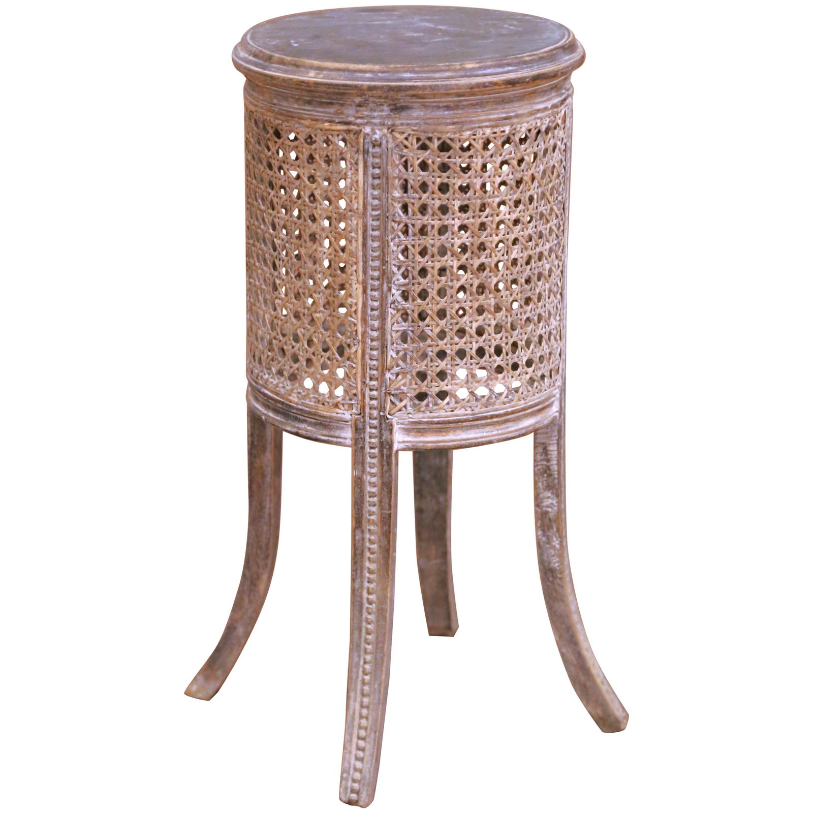 French Louis XV Style Cane Oak Painted Pedestal Table Mid-Century Accent: French Louis XV Style Cane Oak Painted Pedestal Table Mid-Century Accent This mid-century French pedestal side table, crafted circa 1960, features classic Louis XV-inspired design. It has a round hand