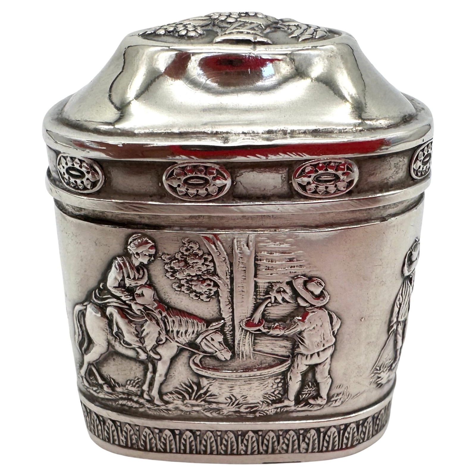 German Biedermeier .800 Silver Snuff Box with Dome Lid and Repousse Rural Scenes (1 of 13)