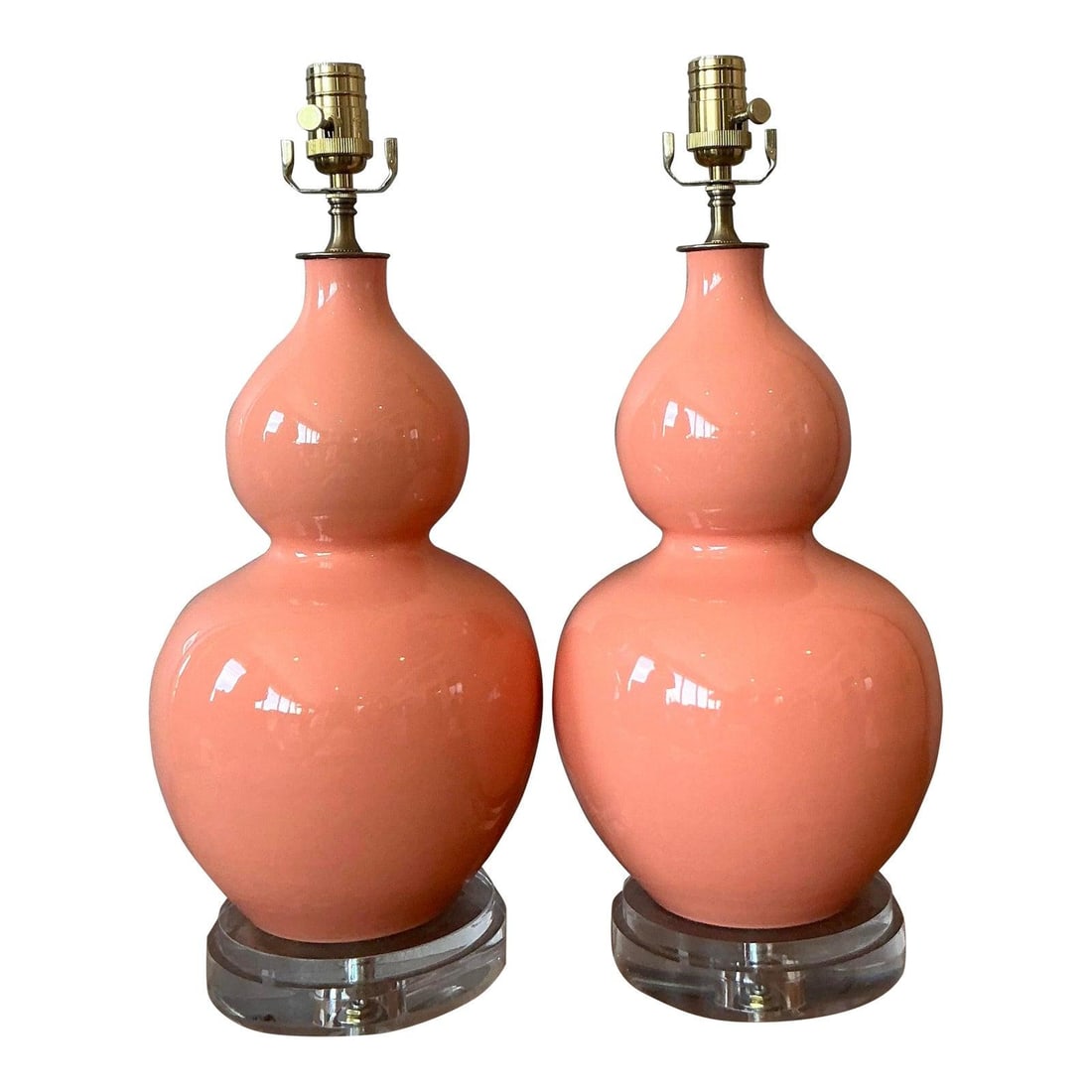 Pair of Coral Glazed Ceramic Double Gourd Hollywood Regency Table Lamps: Pair of Coral Glazed Ceramic Double Gourd Hollywood Regency Table Lamps This is a pair of vintage Hollywood Regency double gourd lamps crafted with sculpted ceramic bodies and finished in a
