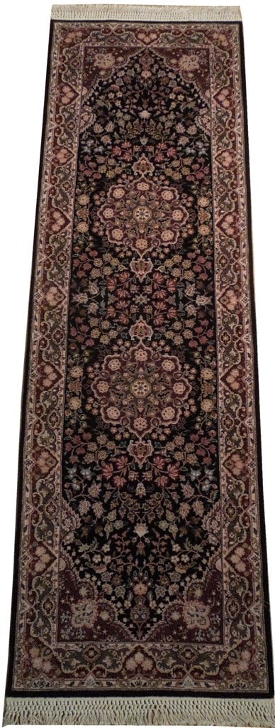 Luxurious 2.6 x 8 Black Lavar Wool Silk Hand-Knotted Runner: Luxurious 2.6 x 8 Black Lavar Wool Silk Hand-Knotted Runner Free continental US Shipping Elevate your home decor with this exquisite 2.6 x 8 Black Lavar Wool & Silk Fine Quality Runner. Handcrafted