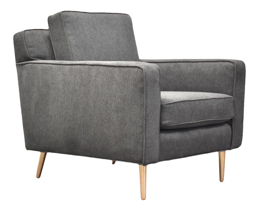 Edward Wormley Dunbar Grey Cube Lounge Chair Brass Legs: Edward Wormley Dunbar Grey Cube Lounge Chair Brass Legs This mid-century modern lounge chair, designed by Edward Wormley for Dunbar, showcases a sleek grey cube silhouette complemented by solid brass