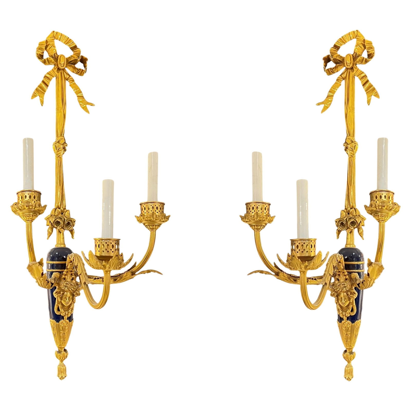 Set of 2 French Louis XVI Gilt and Blue Bronze Wall Sconces: Set of 2 French Louis XVI Gilt and Blue Bronze Wall Sconces This pair of large antique French Louis XVI style sconces features blue enameled and gilt bronze construction, showcasing exquisite craftsma