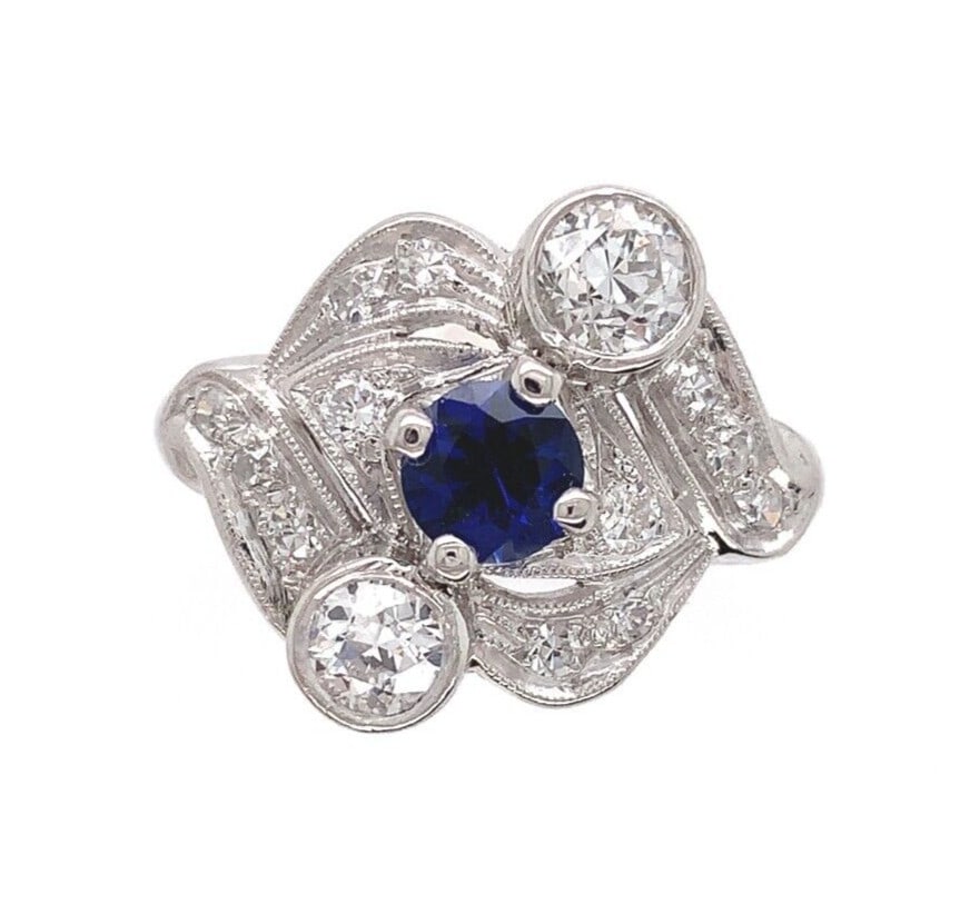 Platinum Ring with Royal Blue Sapphire and Diamonds Size 6.25 (1 of 11)