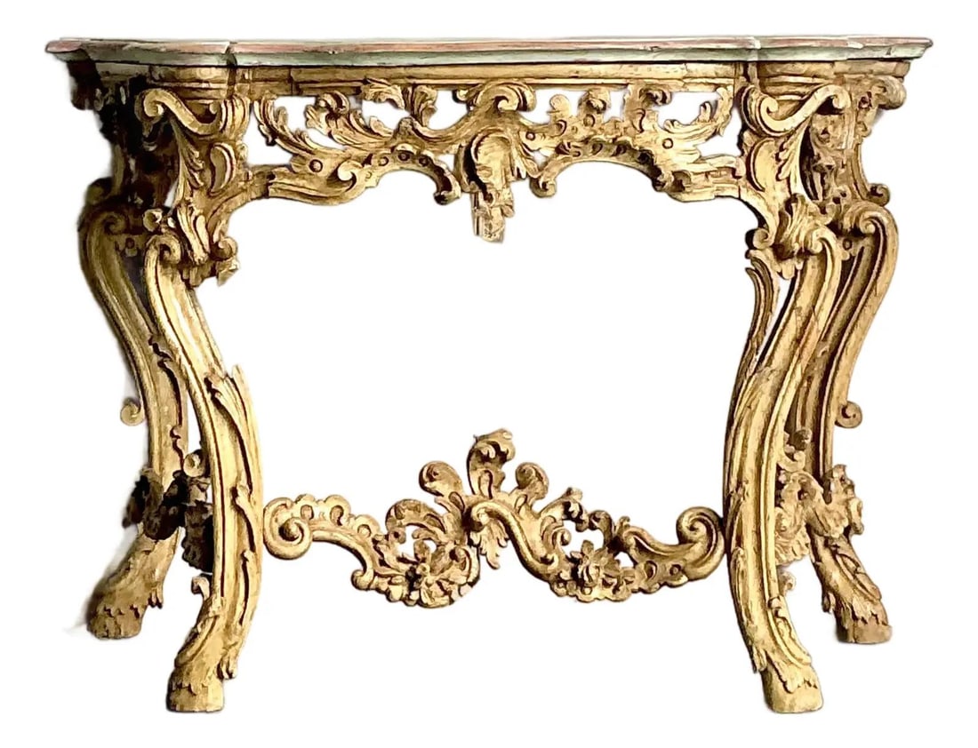 Hand Painted Giltwood Rococo Console Table with Carved Acanthus and Shell Motifs (1 of 9)