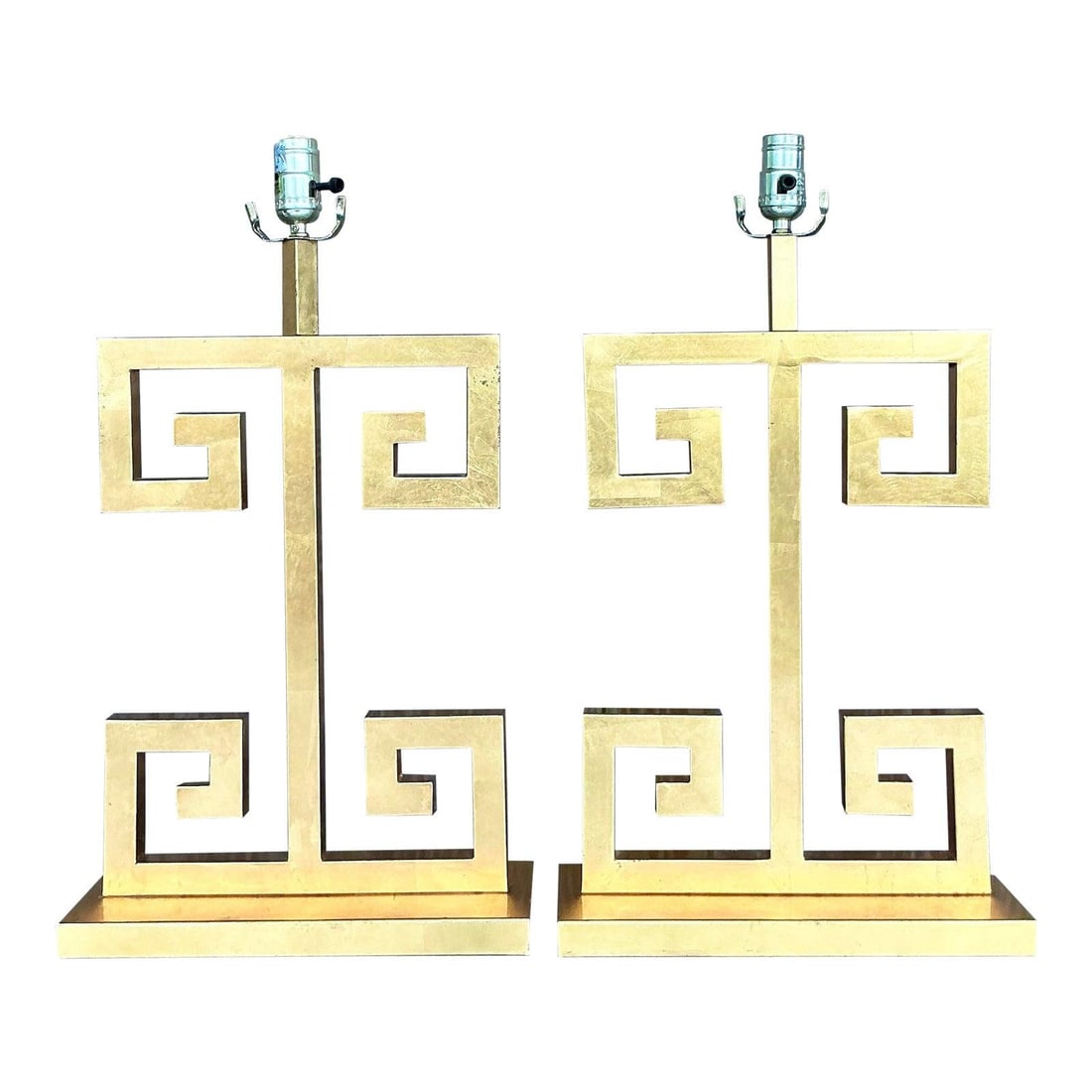 Vintage Boho Greek Key Gilt Table Lamps Pair: Vintage Boho Greek Key Gilt Table Lamps Pair Elevate your interior with this exquisite pair of vintage gilt table lamps, embodying the timeless elegance of Hollywood Regency design. Each lamp features