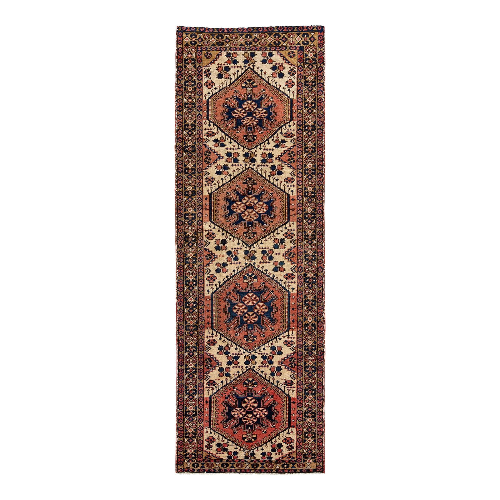 1960s Handmade Persian Heriz Wool Runner Rust Medallion 3'4 x 10': 1960s Handmade Persian Heriz Wool Runner Rust Medallion 3'4 x 10' This exquisite vintage Persian Heriz runner features a stunning hand-knotted wool construction with a rich rust color field. The desig