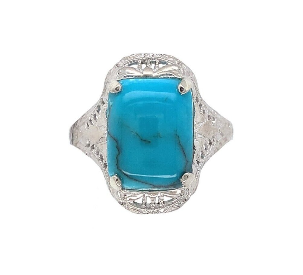 Art Deco 10k White Gold 2.09ct Turquoise Filigree Ring J6138: Art Deco 10k White Gold 2.09ct Turquoise Filigree Ring J6138 This exquisite 10k gold filigree ring features a stunning 2.09ct robin's egg blue genuine natural turquoise cabochon, showcasing unique bla