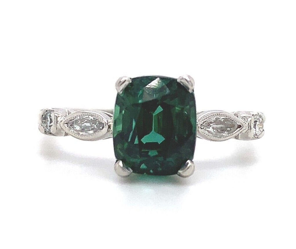 Platinum 3.24ct Cushion Tourmaline Ring with Diamonds GIA Certified: Platinum 3.24ct Cushion Tourmaline Ring with Diamonds GIA Certified This stunning ring showcases a 3.24ct genuine natural tourmaline in a vibrant chrome green color and exceptional clarity. The rectan