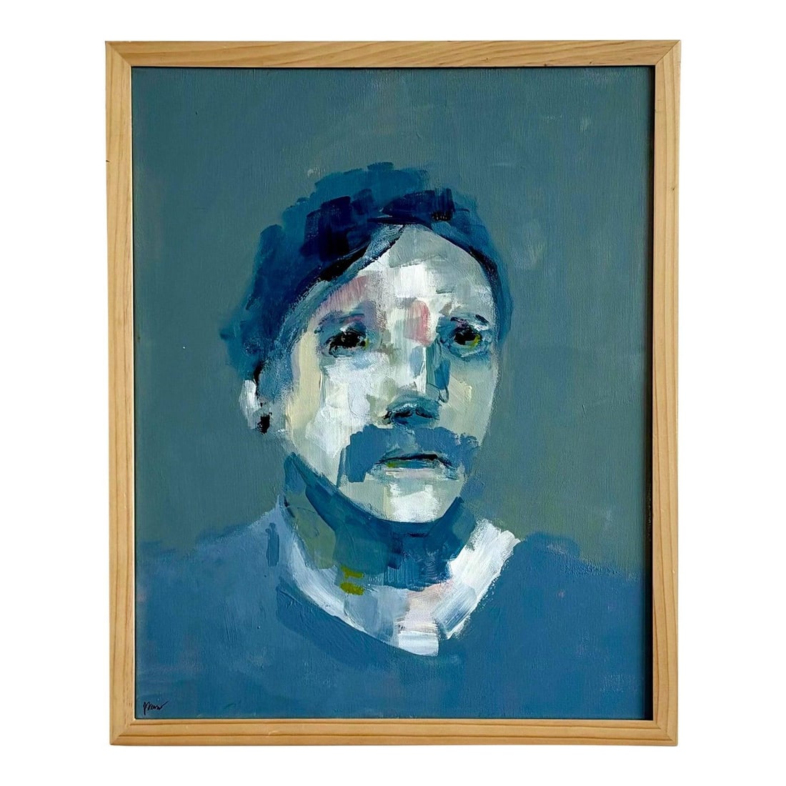Vintage Abstract Grey Blue Portrait Art in Wood Frame: Vintage Abstract Grey Blue Portrait Art in Wood Frame This vintage abstract portrait features a captivating interplay of deep blues and whites, rendered with rough, deliberate brushstrokes that evoke