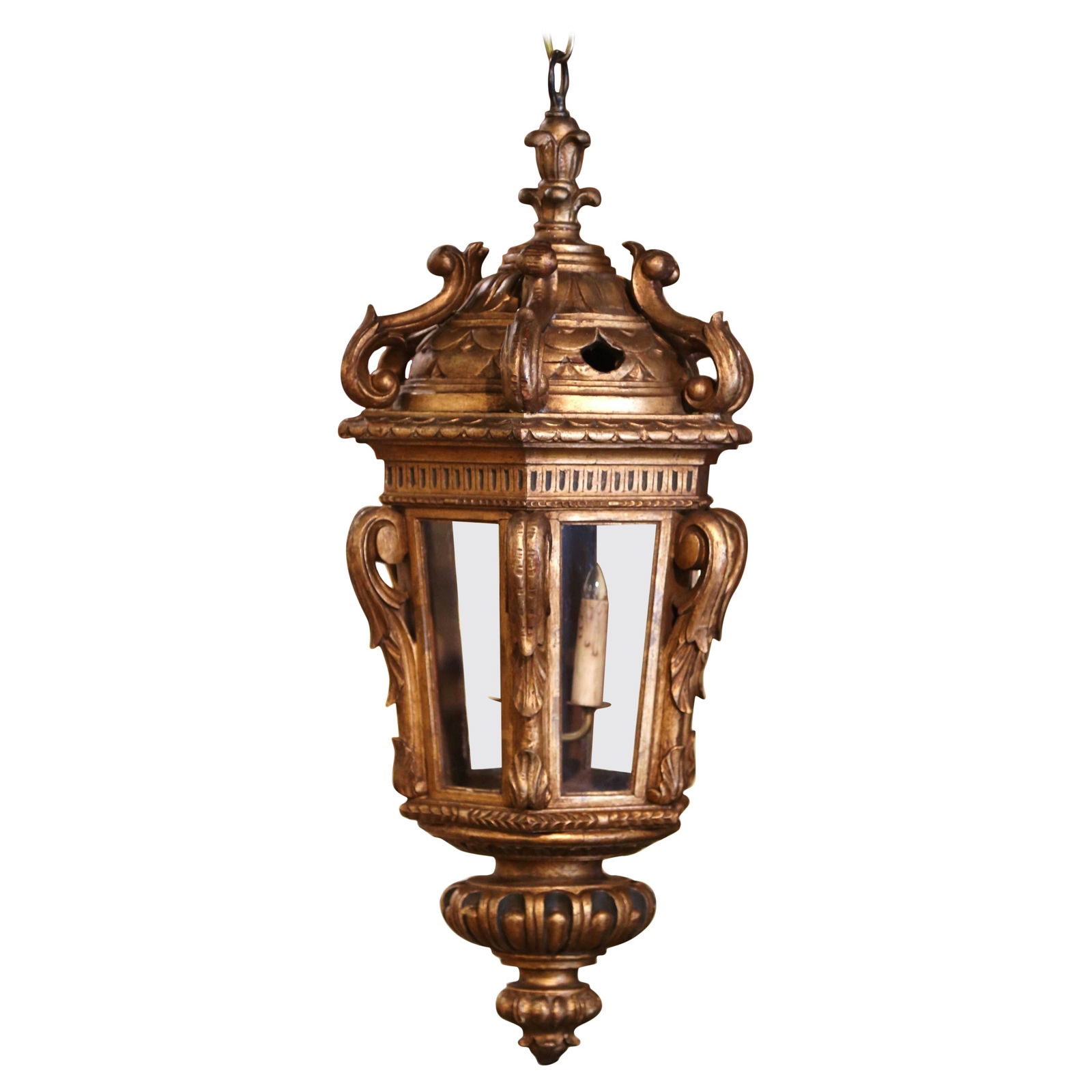 French Rococo Giltwood Lantern with Three Lights and Ornate Carvings circa 1860: French Rococo Giltwood Lantern with Three Lights and Ornate Carvings circa 1860 This mid-19th century French Louis XV Rococo lantern showcases traditional elegance with its hand-carved giltwood frame