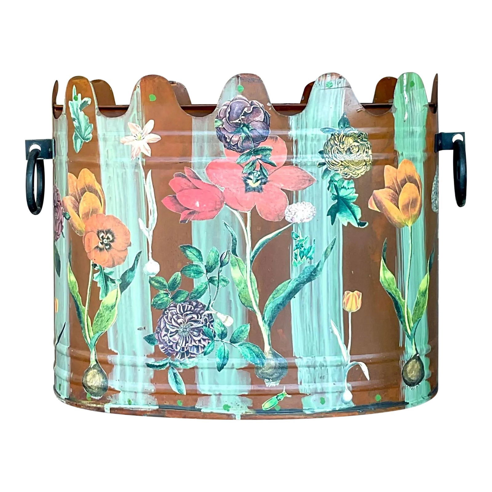 Vintage Boho Hand Painted Metal Cache Pot 16.75 x 12 Chocolate (1 of 3)