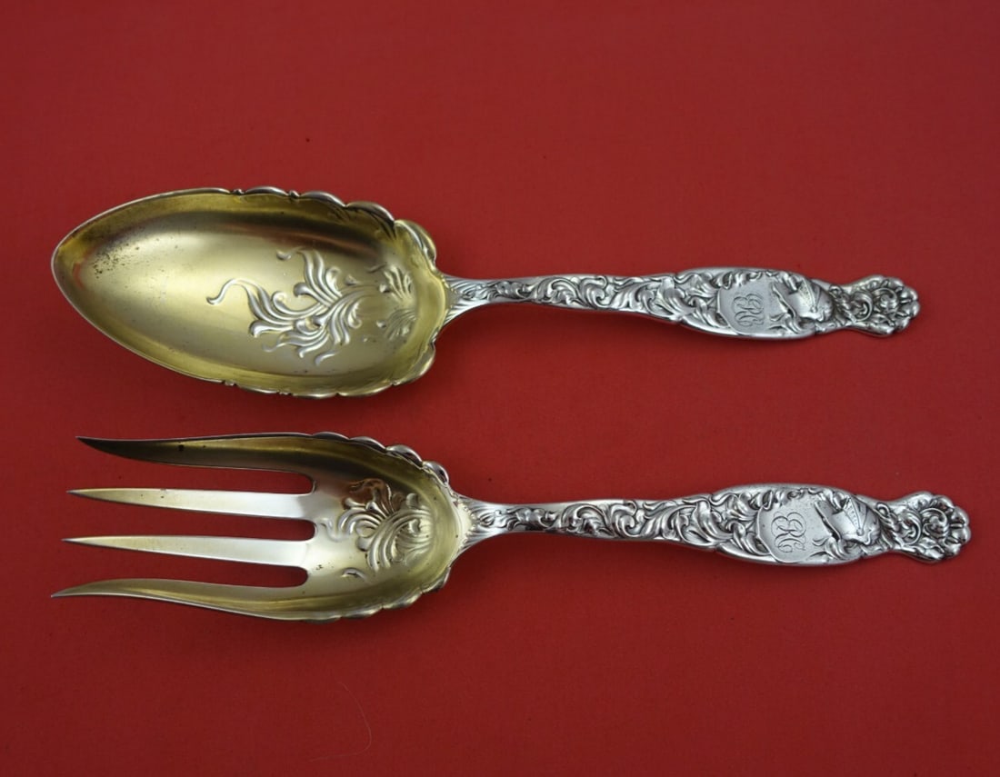 Whiting Heraldic Sterling Silver Salad Serving Set 2pc Gold Washed 9 1/4" (1 of 3)