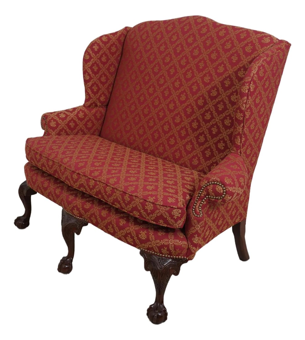 Gregg Perry Chippendale Mahogany Wing Back Settee with Kravet Upholstery (1 of 10)