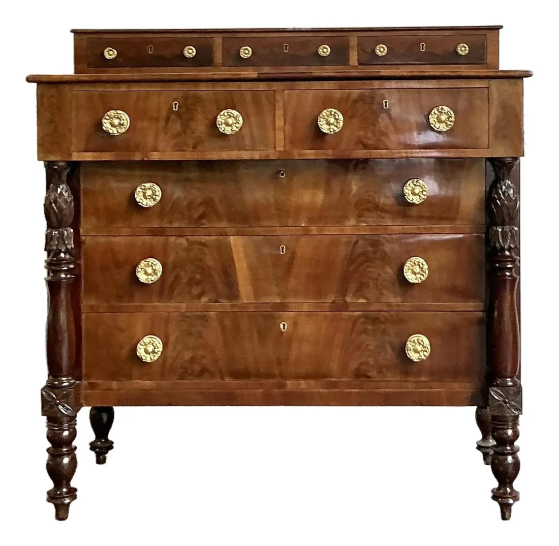 Federal Style Flame Mahogany Chest with Brass Pulls and Carved Acanthus Posts (1 of 10)