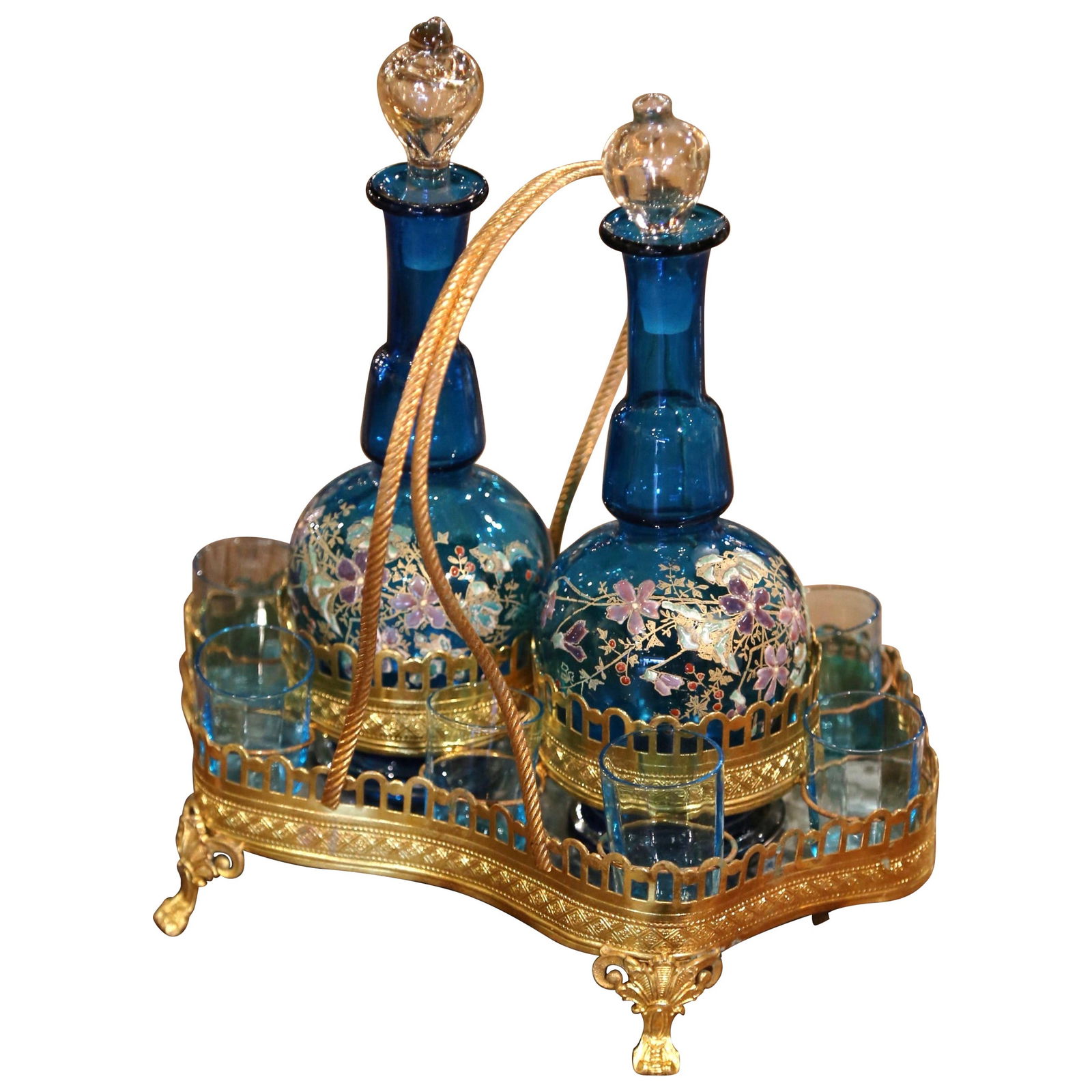 Antique 19th Century French Napoleon III Gilt Brass Cave a Liqueur Set: Antique 19th Century French Napoleon III Gilt Brass Cave a Liqueur Set Elevate your bar area with this exquisite 19th Century French Napoleon III Gilt Brass and Glass "Cave a Liqueur". Crafted in Fran