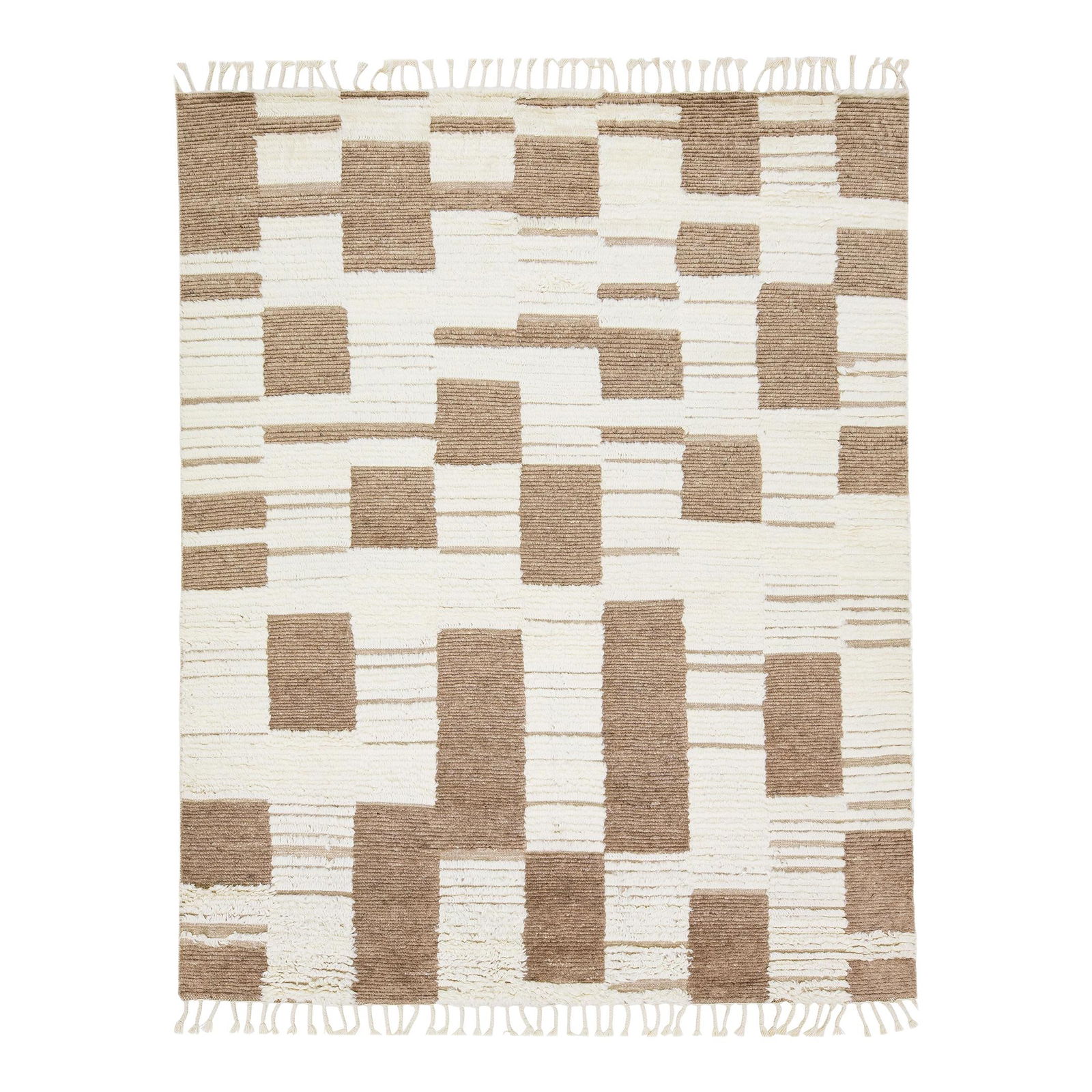 Modern Beige and Brown Wool Rug 8' x 10' Abstract Moroccan Design: Modern Beige and Brown Wool Rug 8' x 10' Abstract Moroccan Design Enhance your living space with this modern abstract Moroccan style wool rug. Meticulously crafted, it features an intricate pattern in