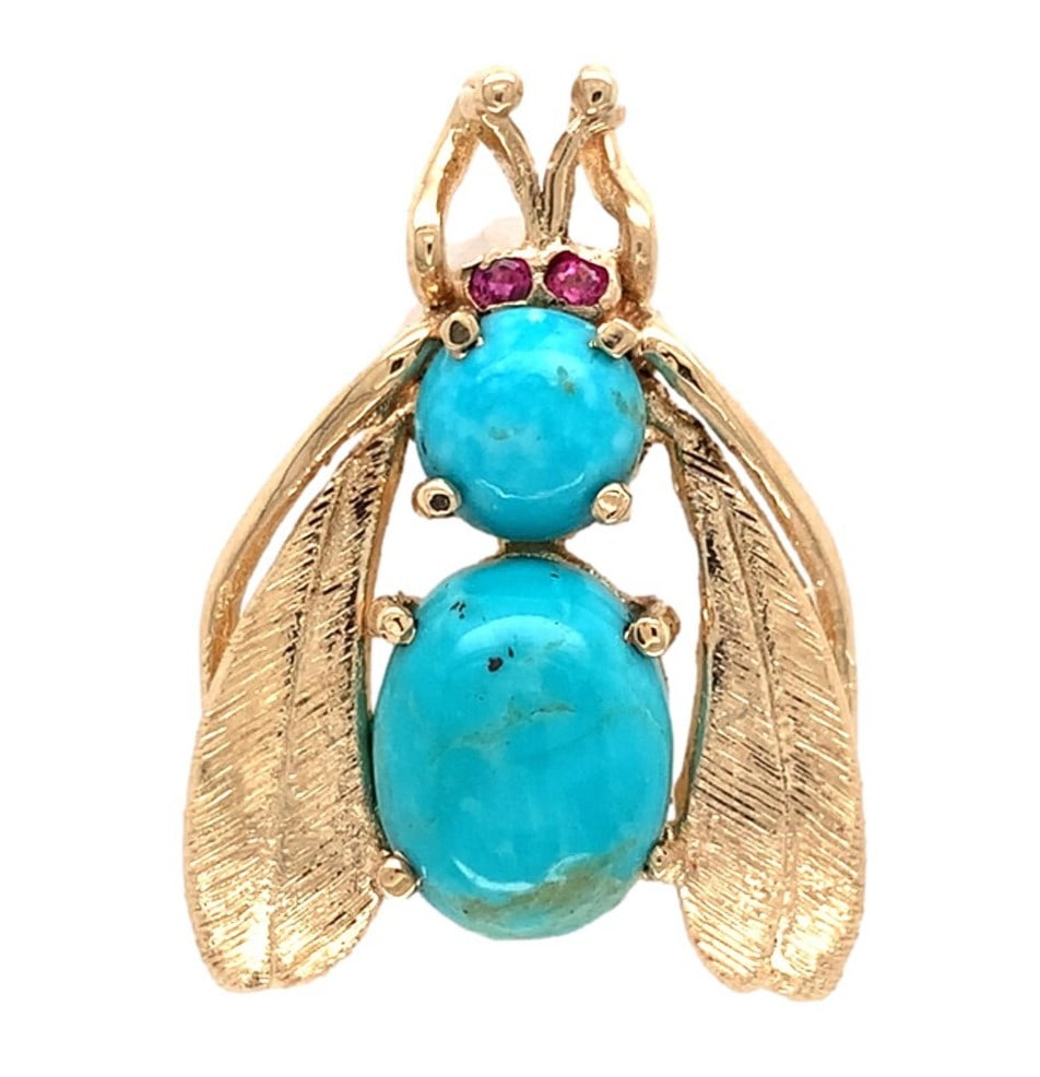 14k Yellow Gold Turquoise Insect Pin with Ruby Eyes Vintage Brooch (1 of 8)