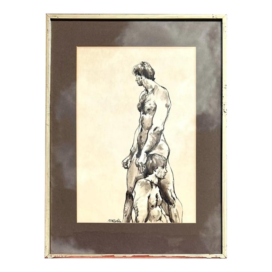 Signed Vintage Bohemian Ink Art Depicting Two Male Figures in Frame: Signed Vintage Bohemian Ink Art Depicting Two Male Figures in Frame This vintage Boho ink figure painting is an original artwork signed by the artist. It features an expressive depiction of two male f