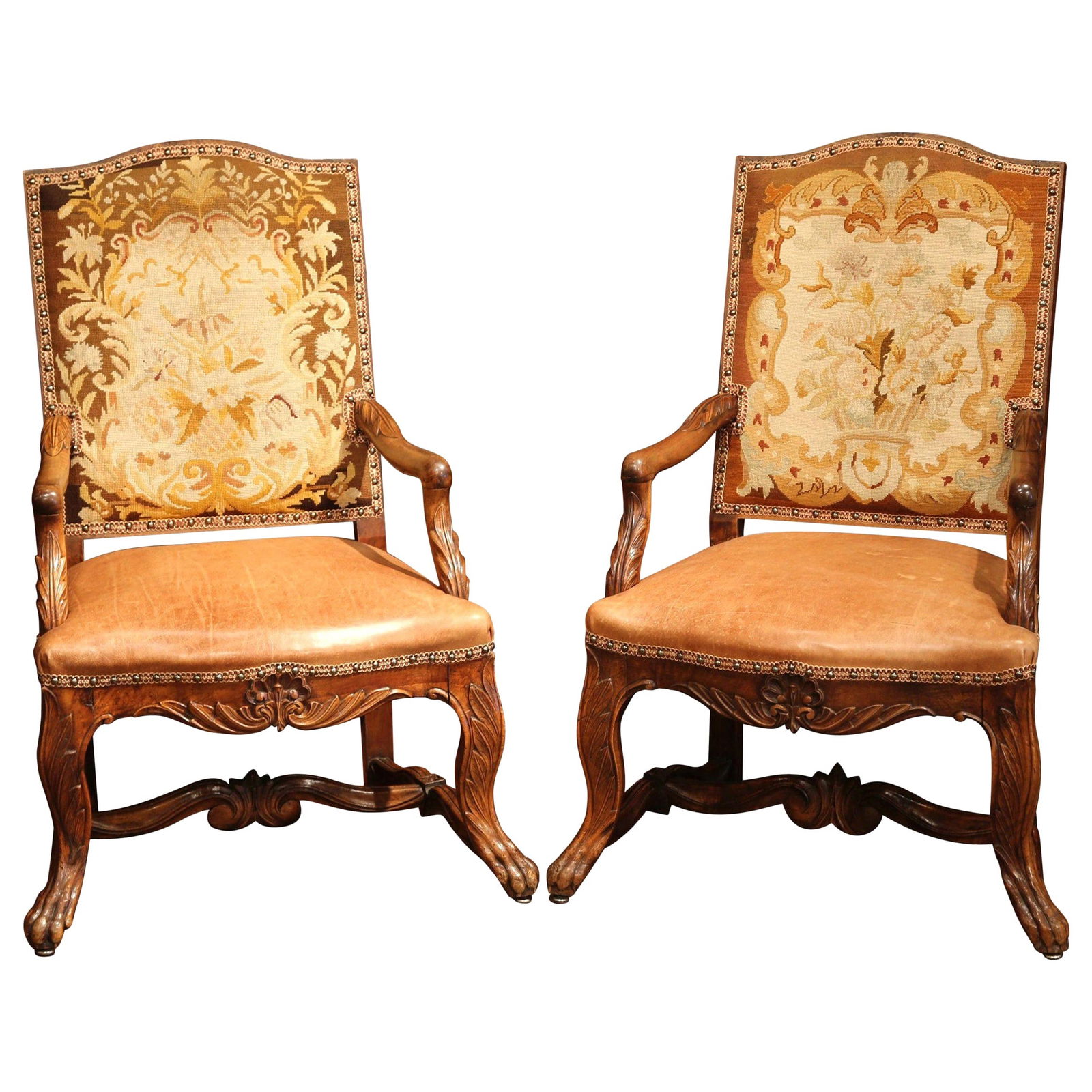 Set of 2 French Louis XV Walnut Needlepoint Armchairs with Leather Upholstery (1 of 10)