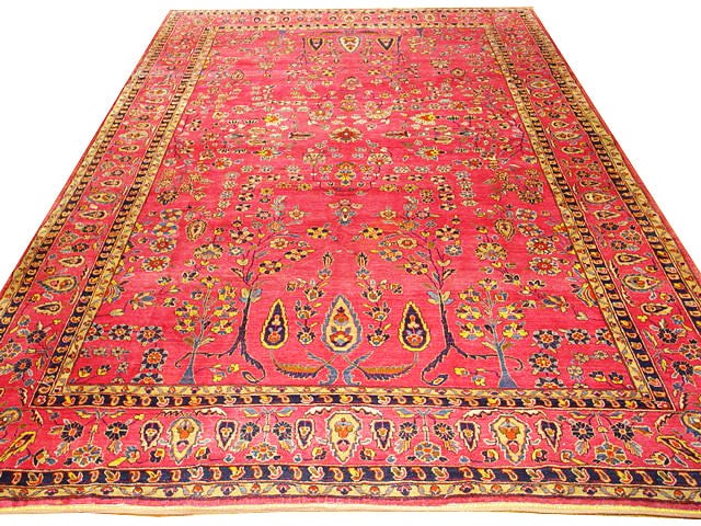 9.8 x 14.4 Hand-Knotted Antique Persian Sarouk Rug in Pink Red (1 of 6)