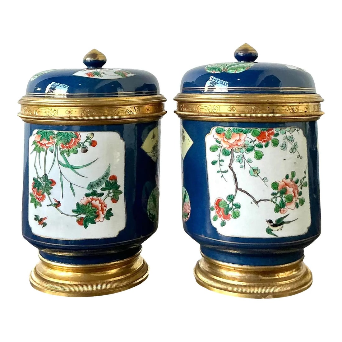 Pair of Chinoiserie Blue Ceramic Jars With Lids and Brass-Style Mounts (1 of 7)