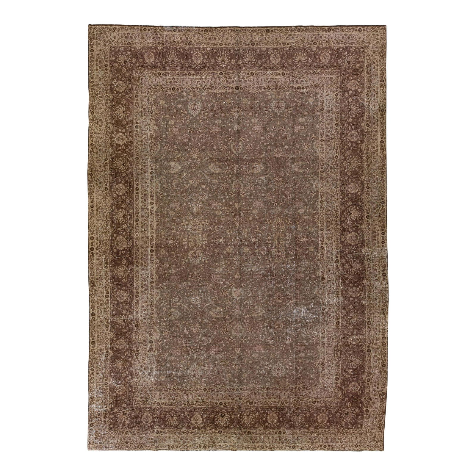 Antique Persian Tabriz Handmade Wool Rug Brown Floral Design 10'6 x 14'10: Antique Persian Tabriz Handmade Wool Rug Brown Floral Design 10'6 x 14'10 This exquisite antique Persian Tabriz rug features a stunning all-over floral design in a rich brown color field, complemented