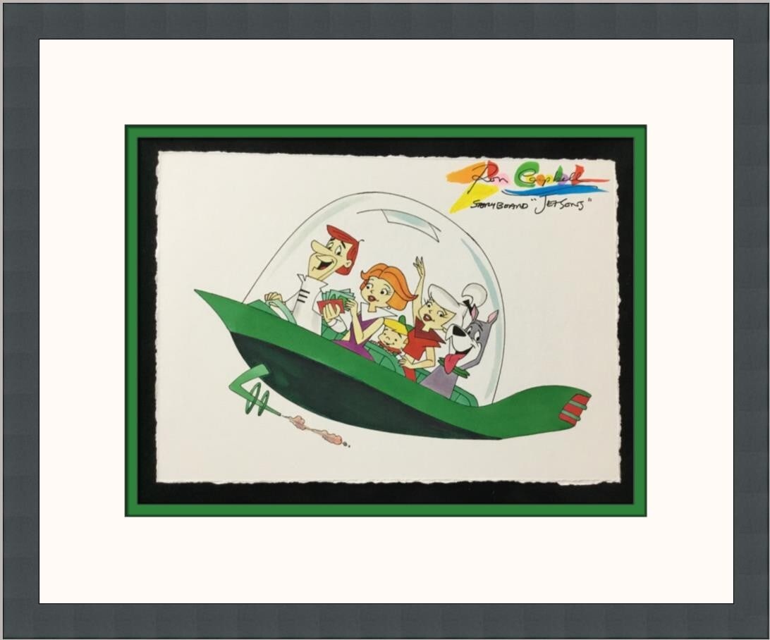 Framed Limited Edition Signed Giclee The Jetsons by Ron Campbell: Framed Limited Edition Signed Giclee The Jetsons by Ron Campbell This framed giclee print features beloved characters from 'The Jetsons,' a classic Hanna-Barbera cartoon. Created by animator Ron Campb