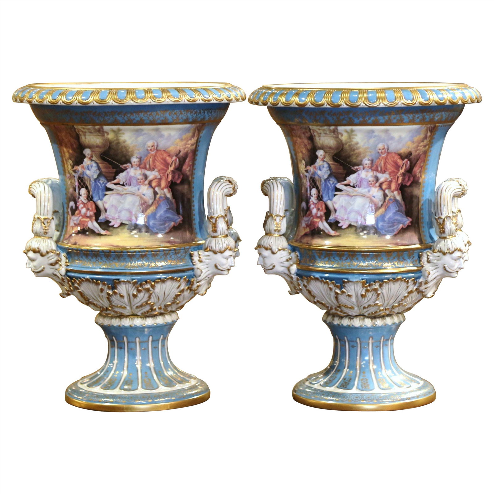Pair of French Louis XVI Celeste Blue Porcelain Urns in Sevres Manner Gilt Accents (1 of 16)