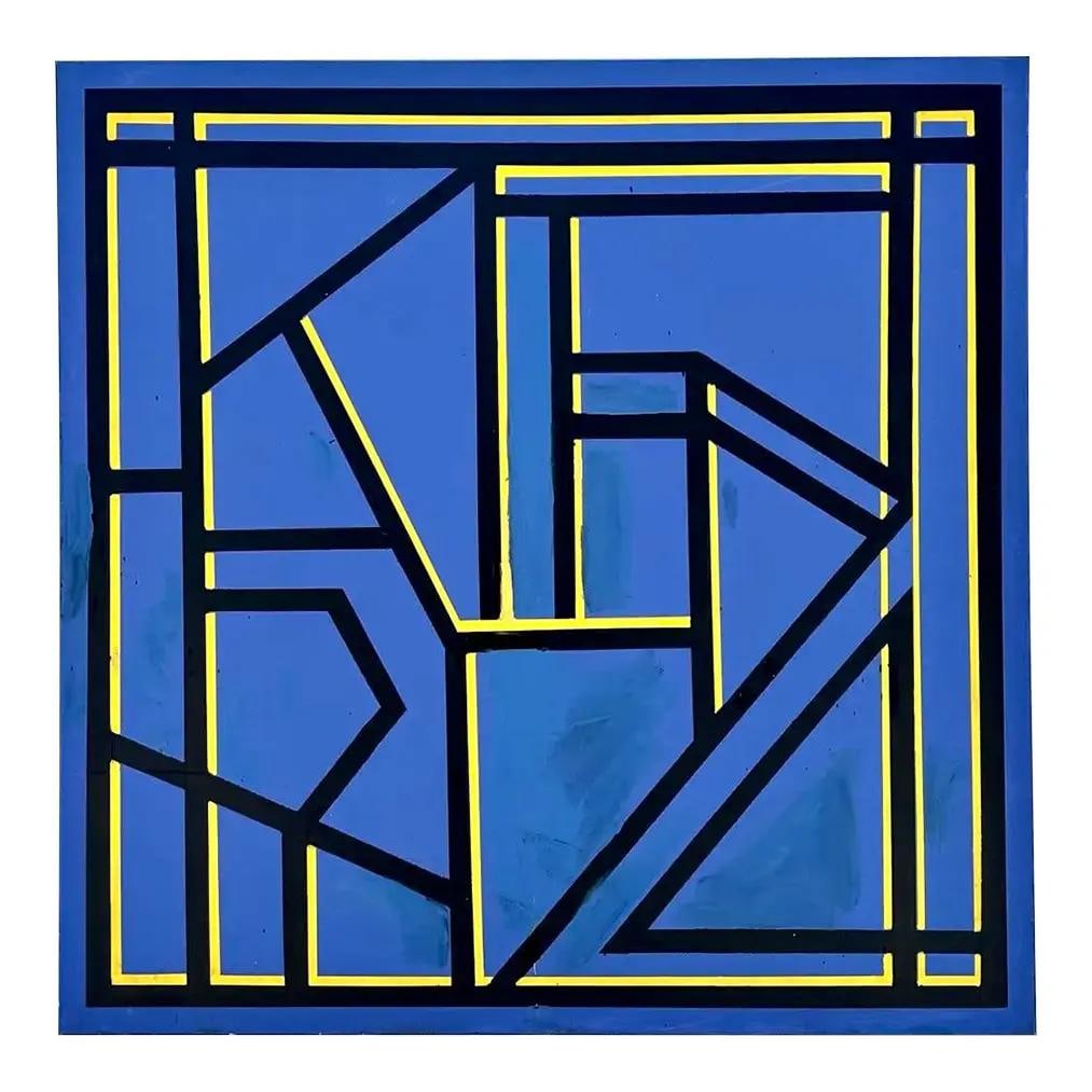 Geometric Abstract Oil Art on Canvas with Boho Vintage Style: Geometric Abstract Oil Art on Canvas with Boho Vintage Style This vintage geometric abstract oil painting on canvas features bold intersecting black and yellow lines over a vibrant blue background. Th