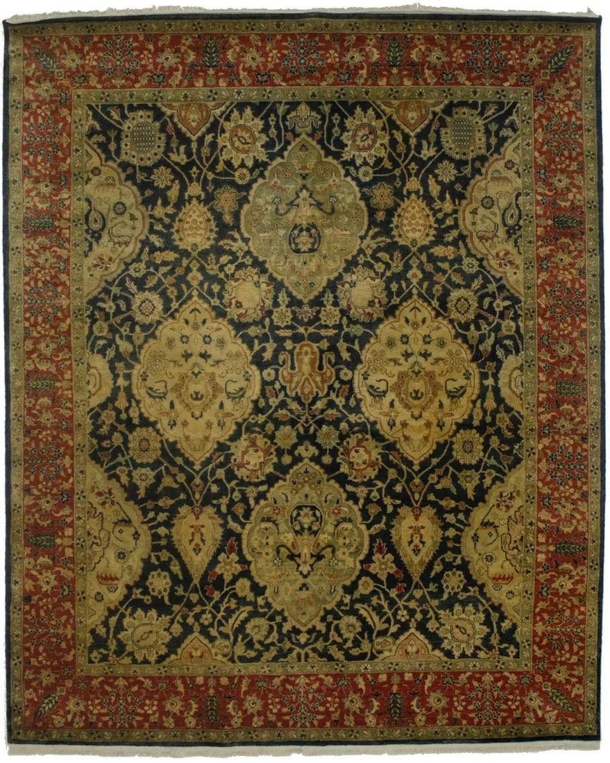 Hand-Knotted Wool Area Rug Floral Pattern 7'8 x 9'5 Traditional Indian Design: Hand-Knotted Wool Area Rug Floral Pattern 7'8 x 9'5 Traditional Indian Design This rare classic oriental rug features a floral design in shades of charcoal, beige, rusty red, and brown. Hand-knotted f