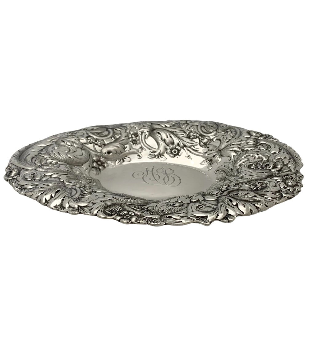Antique 925 Sterling Silver Floral Repousse Oval Serving Dish (1 of 3)