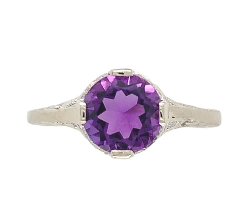 14k White Gold Art Deco Filigree Amethyst Ring GIA Certified Size 4.5 (1 of 11)