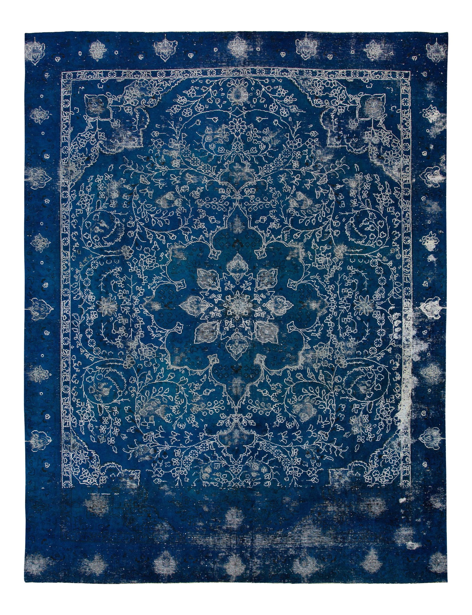 20th Century Vintage Overdyed Wool Rug 9'2 x 12' Navy Floral Design: 20th Century Vintage Overdyed Wool Rug 9'2 x 12' Navy Floral Design This stunning vintage overdyed wool rug features a deep navy blue field adorned with an intricate all-over floral medallion design.