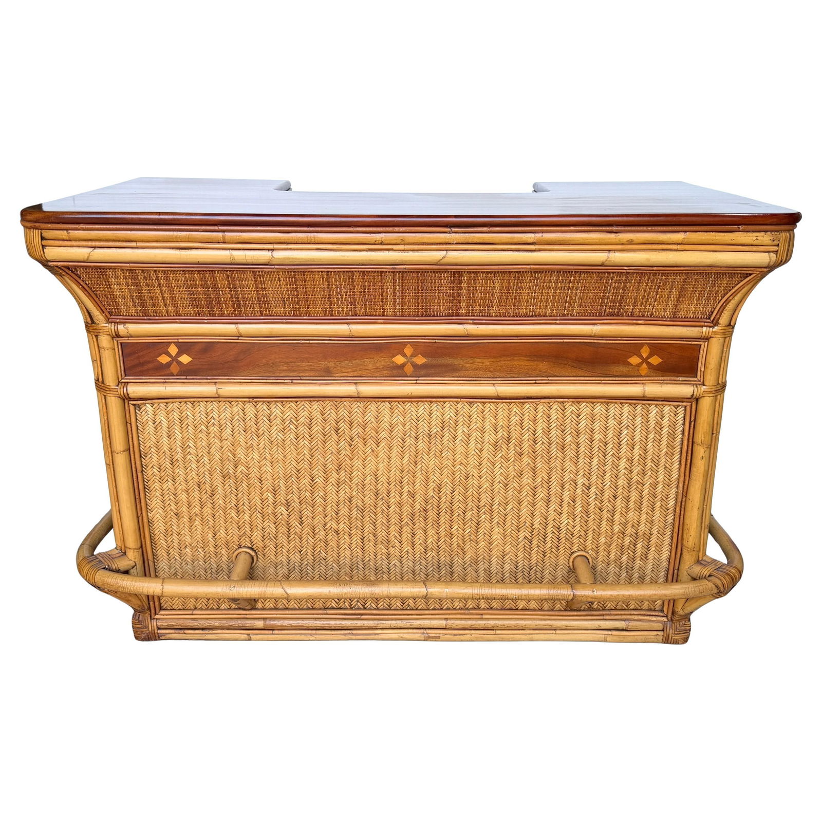 Late 20th Century Organic Modern Palmwood and Rattan Dry Bar Attributed Pacific Green: Late 20th Century Organic Modern Palmwood and Rattan Dry Bar Attributed Pacific Green This Organic Modern dry bar, attributed to Pacific Green and crafted in the late 20th century, showcases a sophist