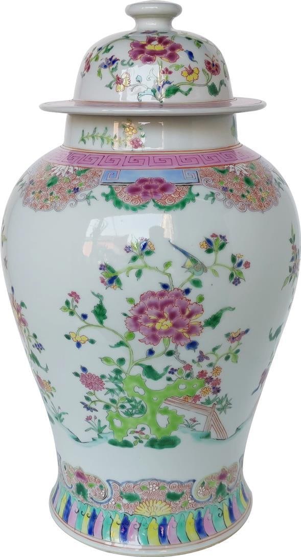 Hand-Painted Chinoiserie Style Ceramic Temple Jar with Floral Motif (1 of 2)