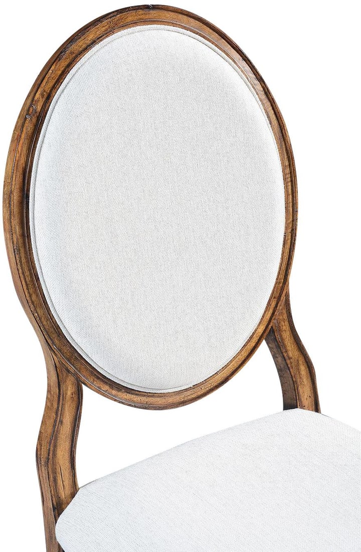 French Country Chic Side Chair Rustic Pecan Sandlinen Mahogany USA: French Country Chic Side Chair Rustic Pecan Sandlinen Mahogany USA Elevate your dining space with this chic French-style accent chair, designed with an elegant oval back. Crafted from solid mahogany a