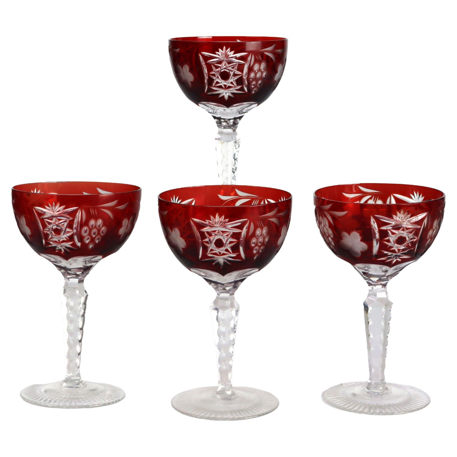 Set of 4 Bohemian Cranberry Crystal Wine Goblets Floral Grape Cut Design (1 of 4)