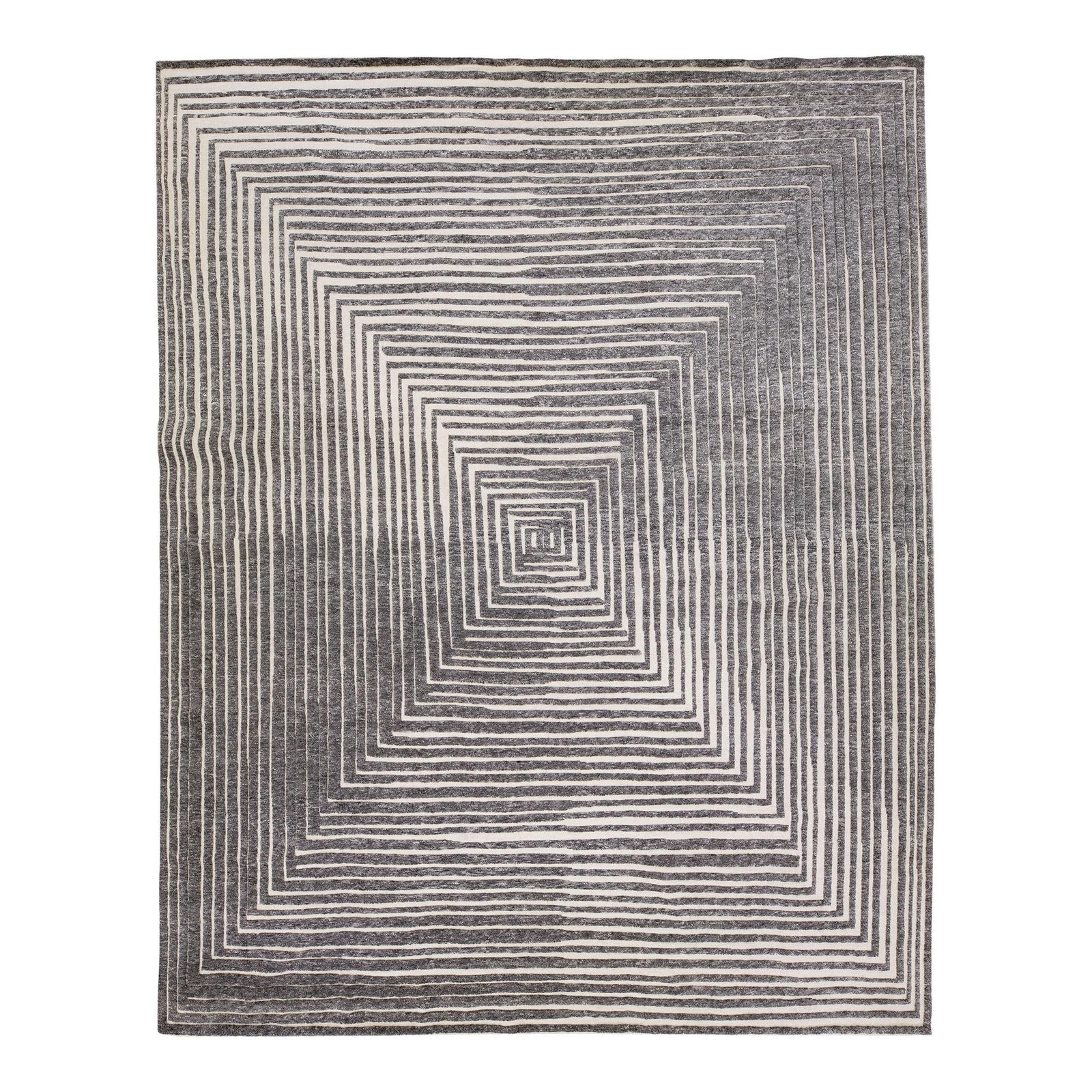 Oversize Gray Wool Rug with Op Art Design: Oversize Gray Wool Rug with Op Art Design This stunning oversized modern Moroccan-style rug showcases a hand-knotted wool construction, featuring a seamless Op Art squares design in gray over a beige