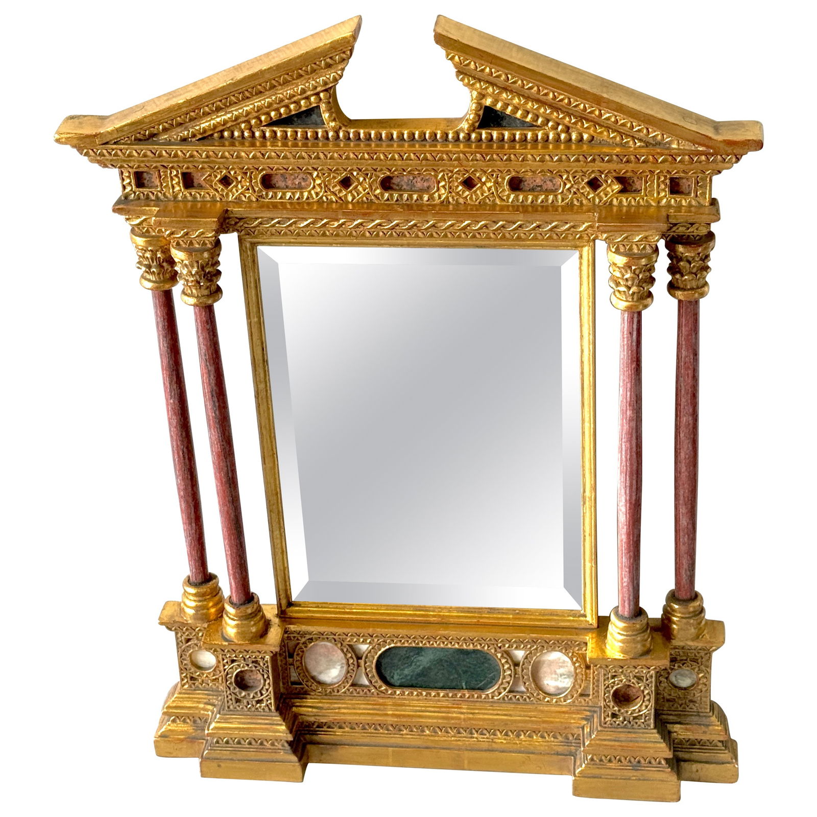 Neoclassical Giltwood Mirror With Inlaid Marble and Carved Details Italy 20th Century (1 of 18)