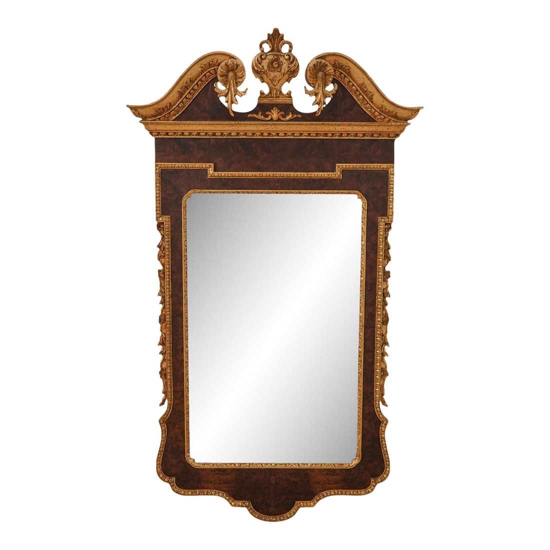 Italian Georgian Style Burl Walnut Mirror with Gold Gilt 29x51.5: Italian Georgian Style Burl Walnut Mirror with Gold Gilt 29x51.5 This exquisite Italian-made Georgian style mirror features a stunning burl walnut frame adorned with elegant gold gilt details. Crafted